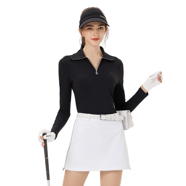 【BLKTEE GOLF】大翻領條紋女長袖-黑(高爾夫長袖上衣 golf球衫)