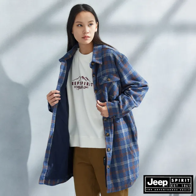 【JEEP】女裝 格紋長版毛呢長袖外套(藍色)