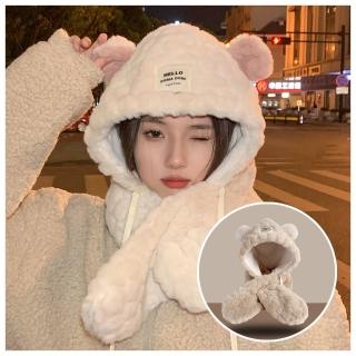 【HaNA 梨花】韓國冬天可愛炸裂．毛絨系可愛小熊圍脖一體毛帽