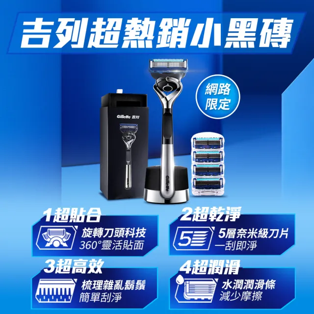 【Gillette 吉列】小黑磚無感系列旅行盒套組-1磁吸刀座1旅行盒1刀架5刀頭 (手動刮鬍刀/零死角刮淨)