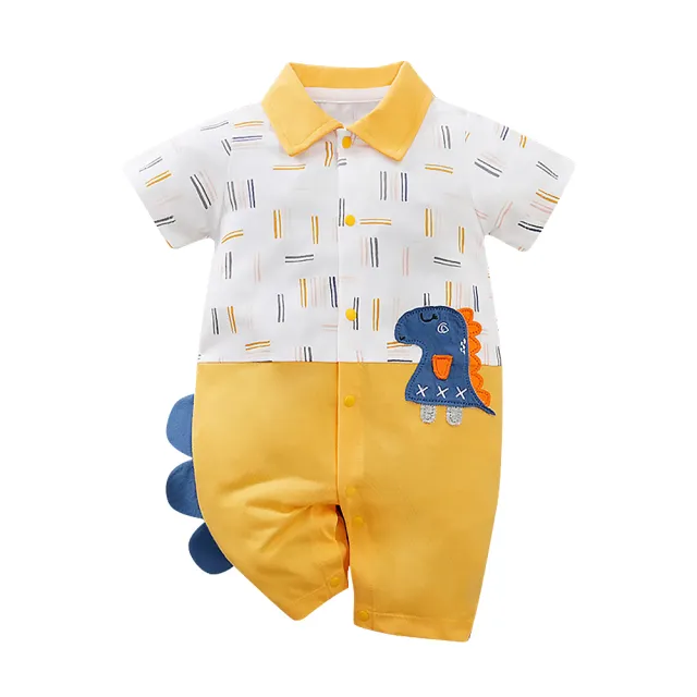 【JoyNa】短袖包屁衣 短袖寶寶連身衣 恐龍深黃 嬰兒服(造型款.春夏短袖)