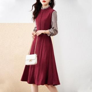 【LANNI 藍尼】★中長版氣質收腰木耳邊撞色洋裝(OL/連身裙/長版上衣)