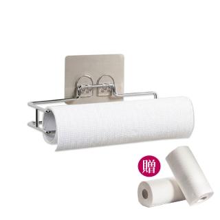 【YOLE 悠樂居】無痕貼鍍鉻廚房紙巾架1只(+原木漿吸油吸水廚房紙巾12卷)