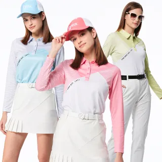 【Lynx Golf】女款合身版吸溼排汗配色線條設計立體貼膜造型長袖POLO衫/高爾夫球衫(三色)