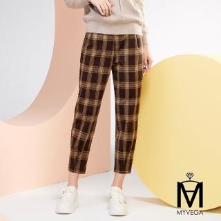 【MYVEGA 麥雪爾】MA腰帶格紋哈倫九分保暖褲-咖啡