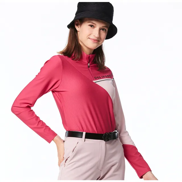 【Lynx Golf】女款合身版吸排保暖機能剪接造型組織布料長袖立領POLO衫/高爾夫球衫(二色)
