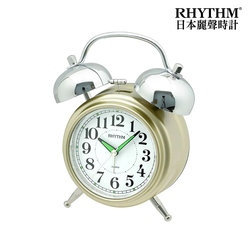 【RHYTHM 麗聲】典雅懷舊風格螢光指針貪睡夜燈功能打鈴鬧(香檳金)