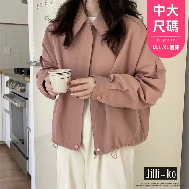 JILLI-KO 翻領短款夾克女下擺抽繩寬鬆短外套中大尺碼-F(粉/卡)