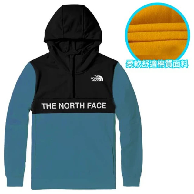 The North Face 中性款 經典大LOGO 半門襟拉鍊長袖保暖連帽上衣(4U5K-SF7 藍/黑 V)