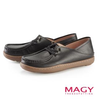【MAGY】後踩式兩穿牛皮休閒平底鞋(黑色)