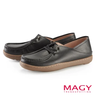 【MAGY】後踩式兩穿牛皮休閒平底鞋(黑色)