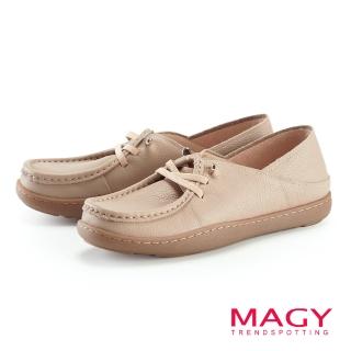 【MAGY】後踩式兩穿牛皮休閒平底鞋(粉色)
