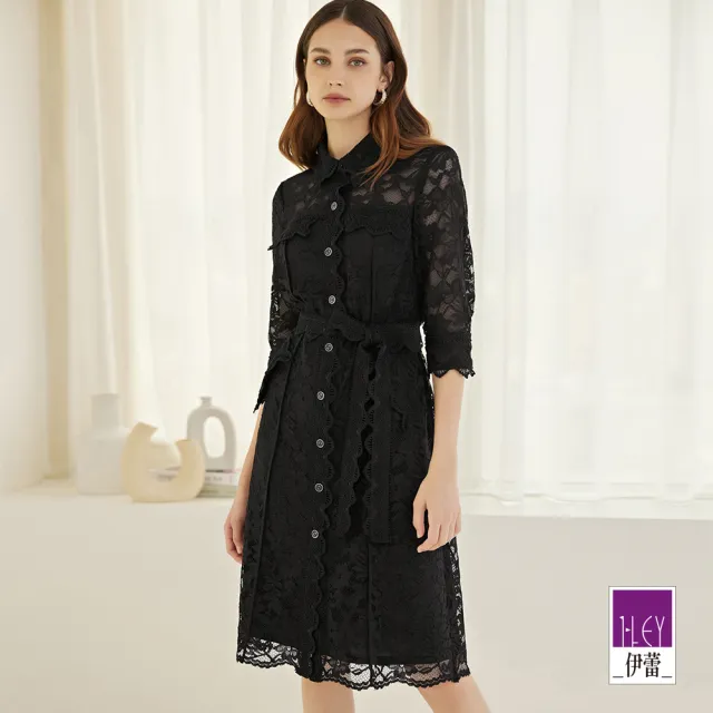 【ILEY 伊蕾】高級精緻手工蕾絲綁帶排釦洋裝(黑色;M-XL;1223027128)