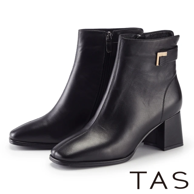 TASTAS 羊皮方頭粗高跟短靴(黑色)