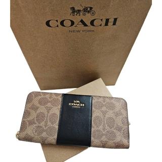 【COACH】COACH Signature 經典塗層帆布牛皮拉鍊長夾 專櫃款禮盒組 黑色(父親節七夕情人節)