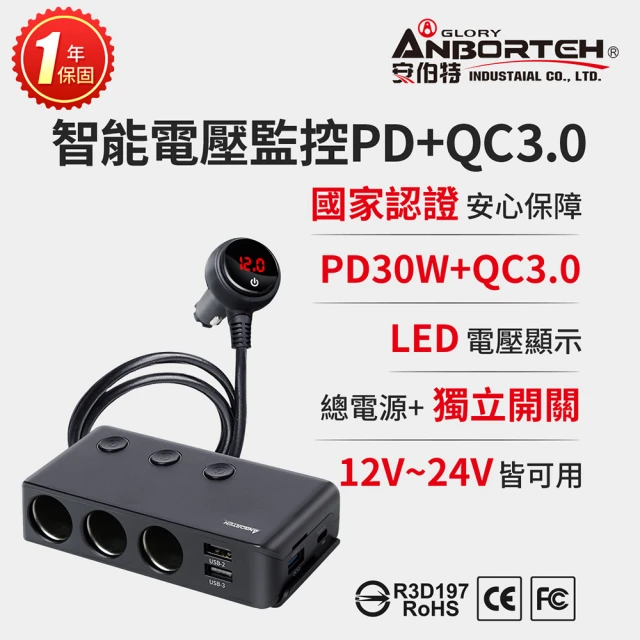 【ANBORTEH 安伯特】酷電大師 智能電壓監控PD+QC3.0 7孔車充 國家認證 一年保固-快