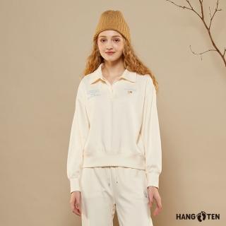 【Hang Ten】女裝-韓國同步款-內刷毛保暖POLO領印花短版大學T(米白)