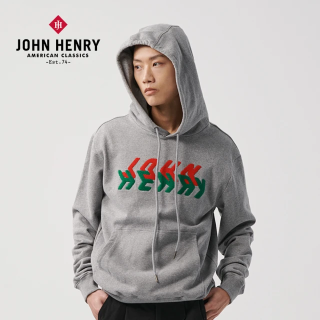【JOHN HENRY】幾何logo毛巾繡連帽T-灰