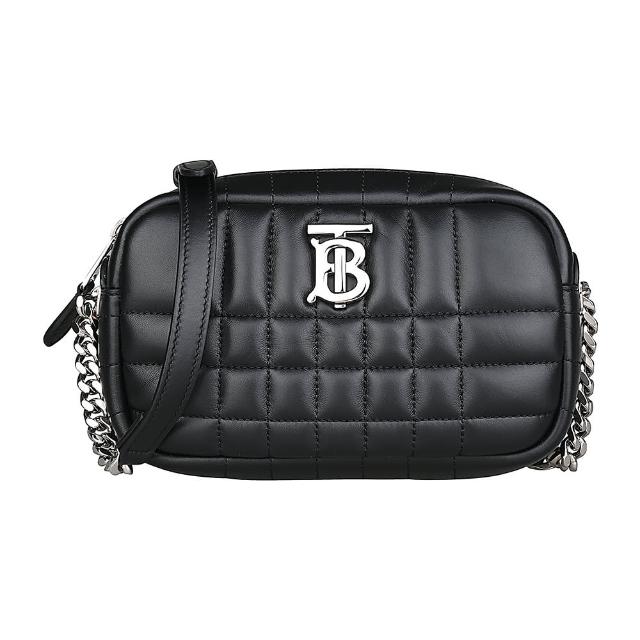【BURBERRY 巴寶莉】BURBERRY LOLA銀字TB LOGO格紋設計羔羊皮拉鍊斜背包(迷你/黑)