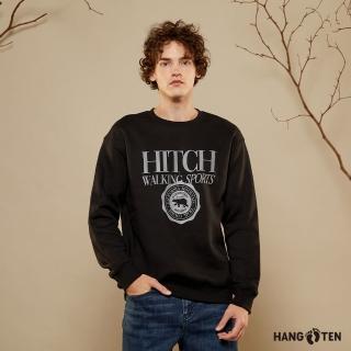 【Hang Ten】男裝-韓國同步款-寬鬆刷毛保暖圓領休閑復古印花大學T(黑)