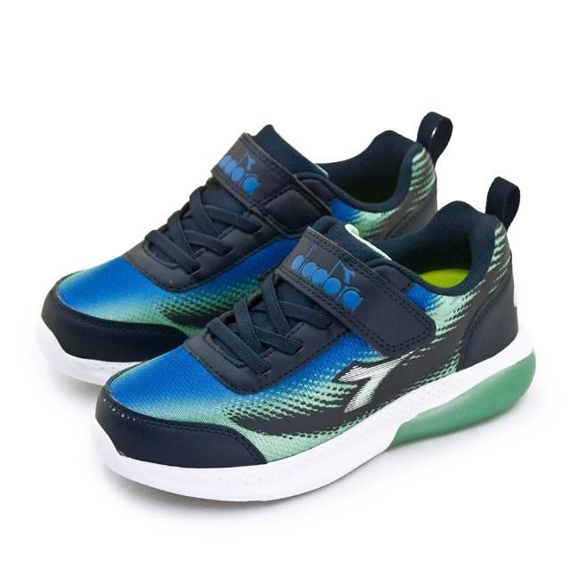 【DIADORA】中童 迪亞多那 19cm-23cm 輕量寬楦緩震電燈慢跑鞋 酷炫極光系列(藍綠 11090)