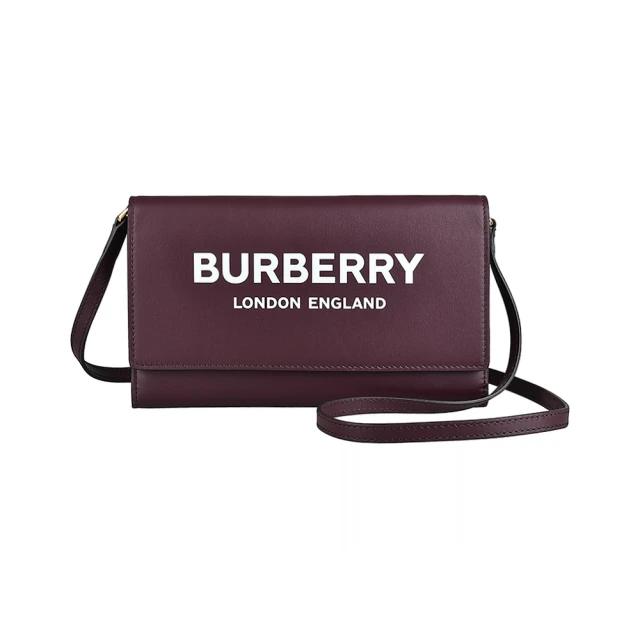 BURBERRY 巴寶莉 BURBERRY Hazelmere白字LOGO滑面牛皮12卡翻蓋釦式斜背長夾(酒紅)