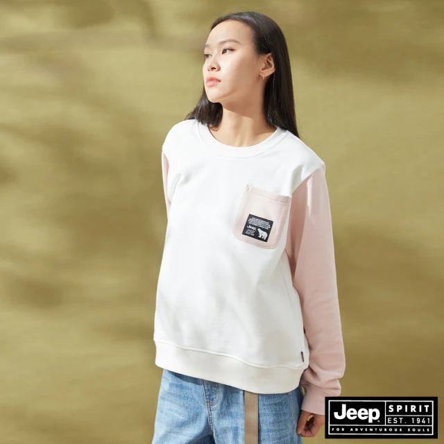 【JEEP】女裝 時尚跳色剪接口袋大學T(粉白)