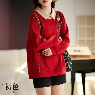 【初色】休閒翻領假兩件落肩長袖寬鬆毛呢T恤大學T上衣女上衣-紅色-32102(M-2XL可選)