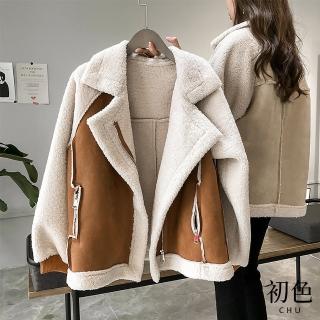 【初色】休閒百搭加厚保暖麂皮絨翻領長袖夾克女外套-共2色-32138(M-2XL可選)