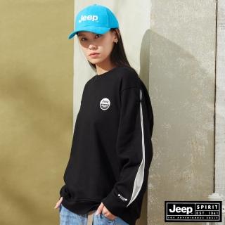 【JEEP】女裝 休閒跳色剪接寬鬆大學T(黑)