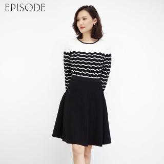 【EPISODE】精緻條紋收腰飄逸裙擺長袖針織洋裝E30540（黑）