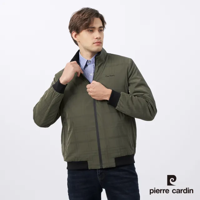 【pierre cardin 皮爾卡登】男款 都會休閒立領鋪棉印暗格夾克外套-軍綠色(5235767-47)