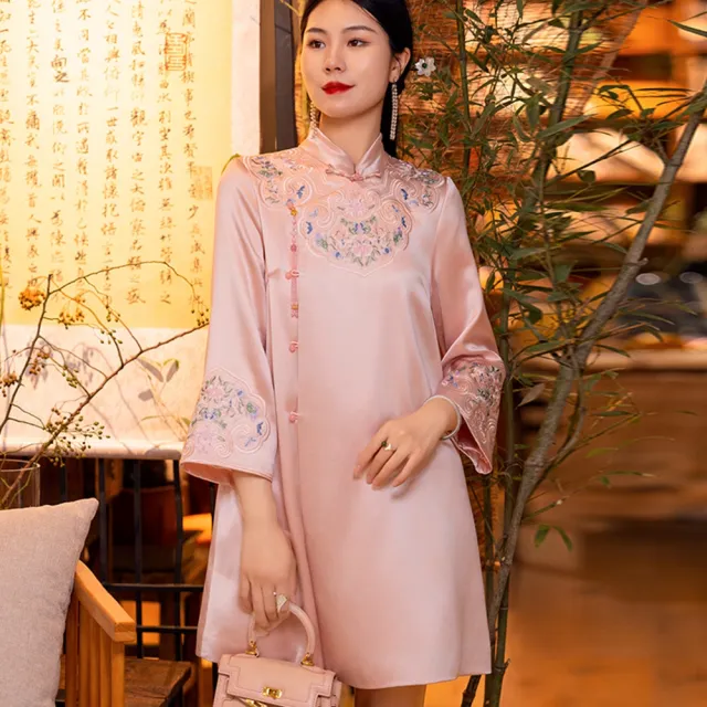 【糖潮】玩美衣櫃清新中式寬鬆改良短旗袍粉色洋裝S-2XL
