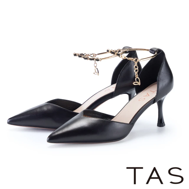 TAS 金屬鏈子繞踝繫帶羊皮尖頭高跟鞋(黑色)好評推薦