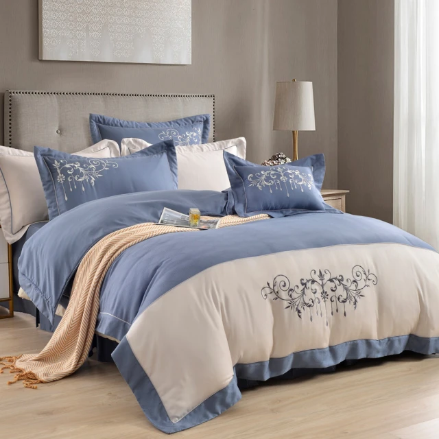 織眠家族 40支刺繡萊賽爾四件式兩用被床包組 典藏緹花-藍(特大)