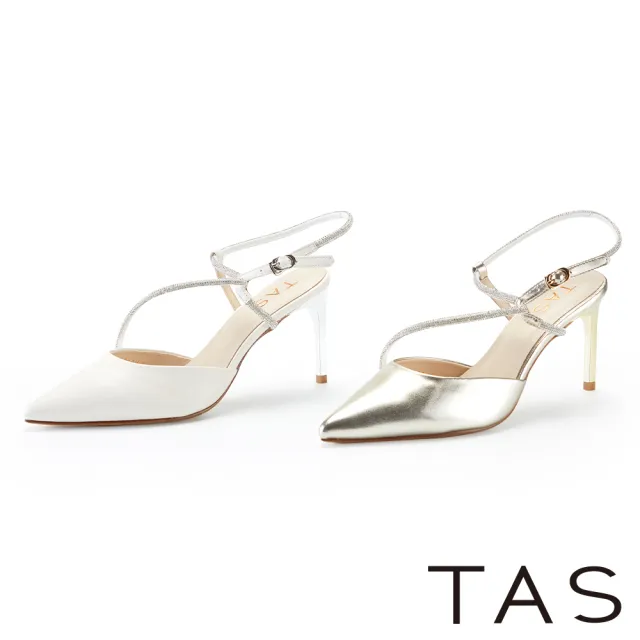 【TAS】優雅鑽條繞踝羊皮尖頭穆勒高跟鞋(金色)