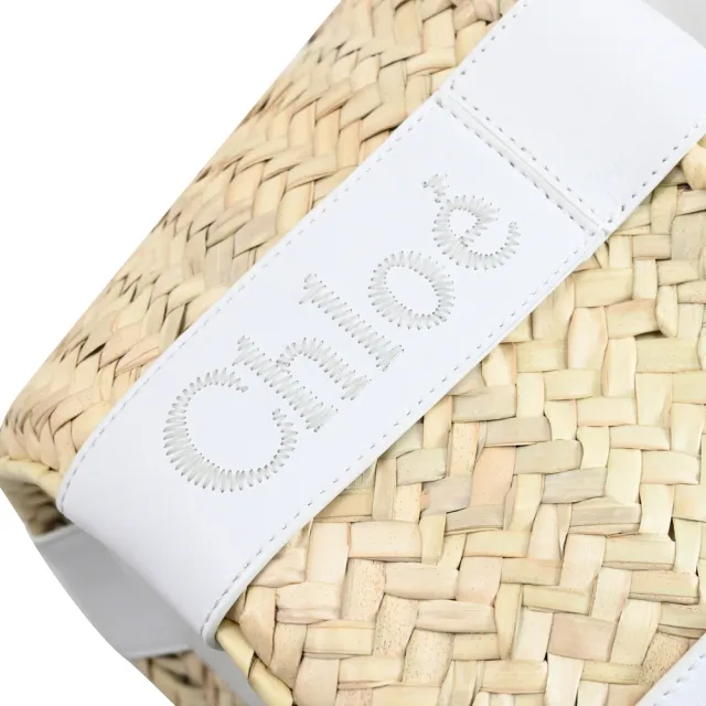 【Chloe’ 蔻依】Sense 經典電繡LOGO手提斜背兩用包草編包(白邊 小)