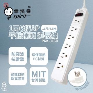 【電精靈spirit】臺灣製造 PKK-316D 15尺 4.5米 1開6插 3P 插座 平貼插頭 電腦延長線