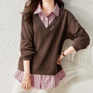 【麗質達人】5115咖啡拼條紋假二件上衣LY(M-4XL)