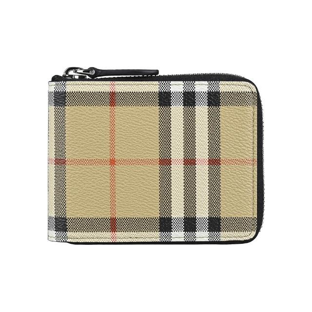 【BURBERRY 巴寶莉】Burberry MS Daniels內皮革燙銀LOGO PVC3卡拉鍊零錢短夾(男款/典藏米x內裡黑)