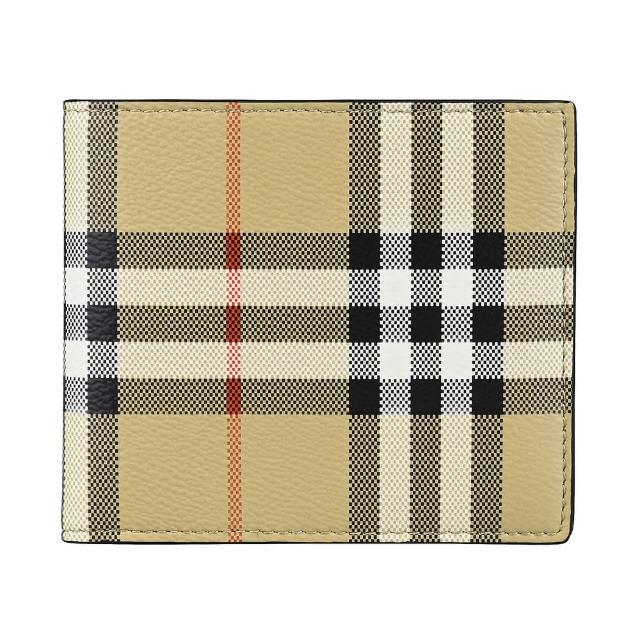 【BURBERRY 巴寶莉】Burberry內裡燙印LOGO PVC格紋圖案8卡對折短夾(典藏米)