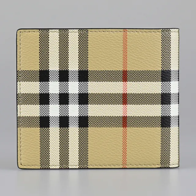 【BURBERRY 巴寶莉】Burberry內裡燙印LOGO PVC格紋圖案8卡對折短夾(典藏米)