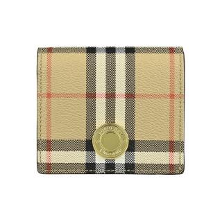 【BURBERRY 巴寶莉】Burberry電鍍金釦LOGO格紋帆布4卡翻蓋壓釦式零錢短夾包(典藏米)