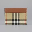 【BURBERRY 巴寶莉】Burberry Sandon內印金字LOGO帆布拼接小牛皮格紋設計4卡開口式卡夾(典藏米x棕)