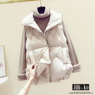 【JILLI-KO】幾何格翻領口袋開扣夾棉背心外套女中大尺碼-F(黑/白)