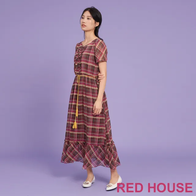 【RED HOUSE 蕾赫斯】荷葉邊門襟格紋雪紡洋裝(桃紅色)