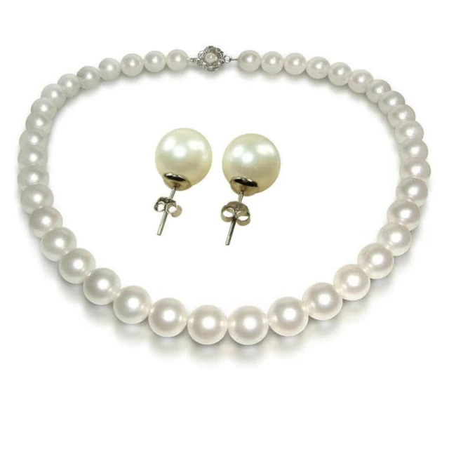 小樂珠寶 正圓南洋深海貝珍珠二件項鍊耳貼針耳環(白珠10mm