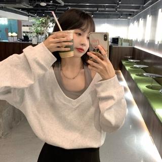【D.studio】韓版露肩假兩件設計感寬鬆短版上衣(短袖上衣短袖t恤女裝顯瘦上衣衣服寬鬆上衣短板上衣 W343)