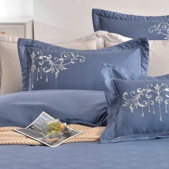 【織眠家族】40支刺繡萊賽爾四件式兩用被床包組 典藏緹花-藍(加大)