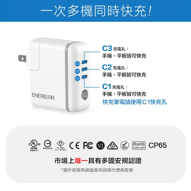 【ENERGEAR安杰爾】3孔Type-C Gan氮化鎵 100W PD快充器